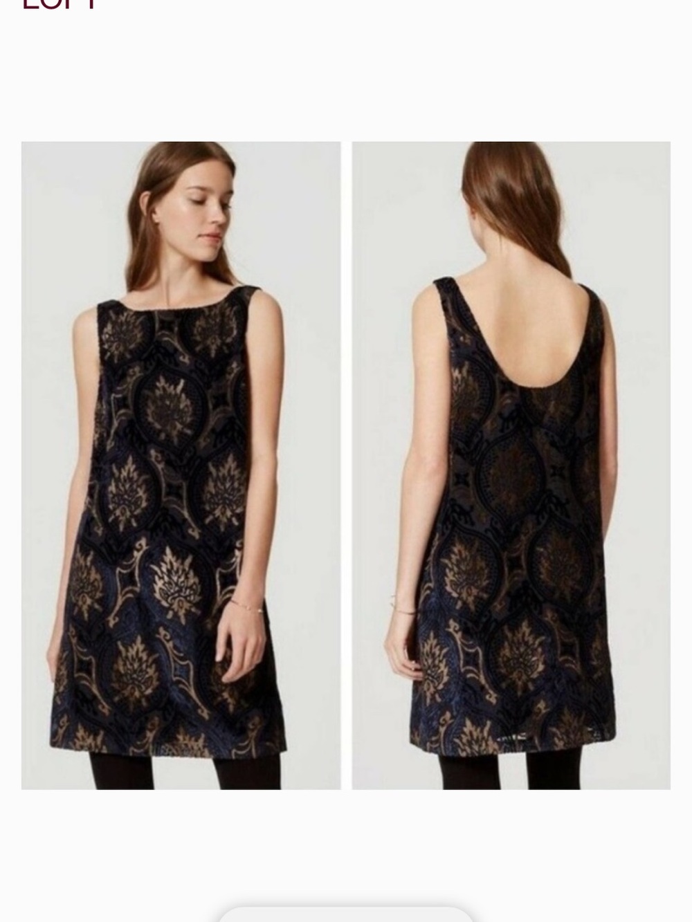 Loft NWT XS Sleeveless Navy and Gold Jacquard Shift Dress
